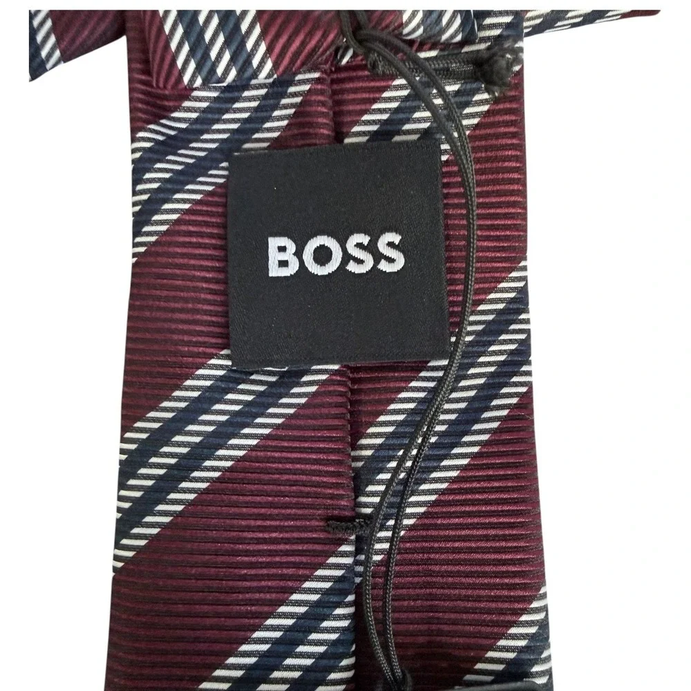 Hugo‎ Boss Mens Performance Tie Burgundy Navy Blue Stripe NWT
